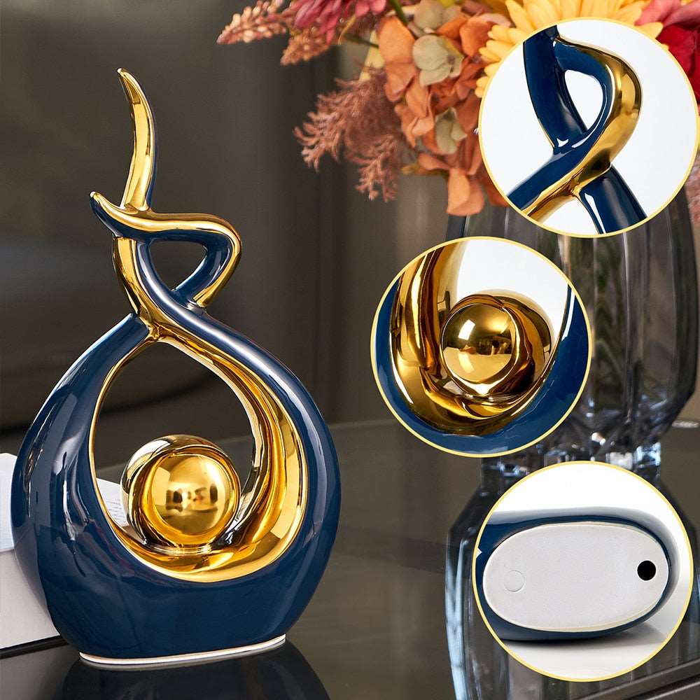 Abstract Ceramic Art Sculpture with Gold Accents - Modern Decor for Home and Office