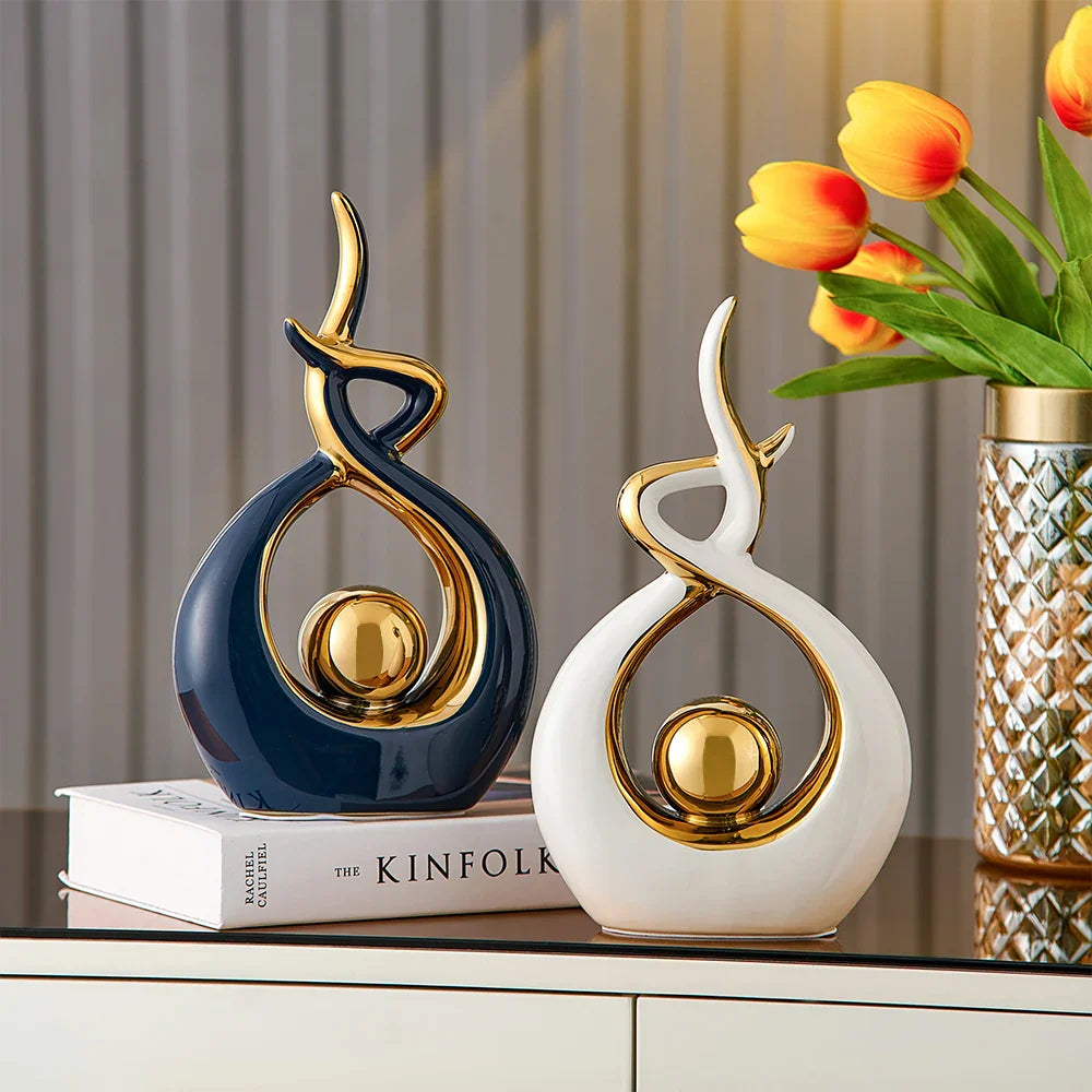 Abstract Ceramic Art Sculpture with Gold Accents - Modern Decor for Home and Office